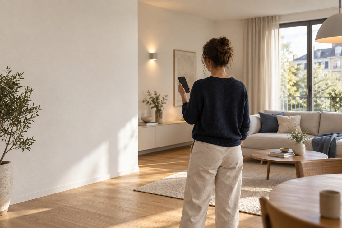 Frau steuert ihr Smart Home per Smartphone im Wohnzimmer