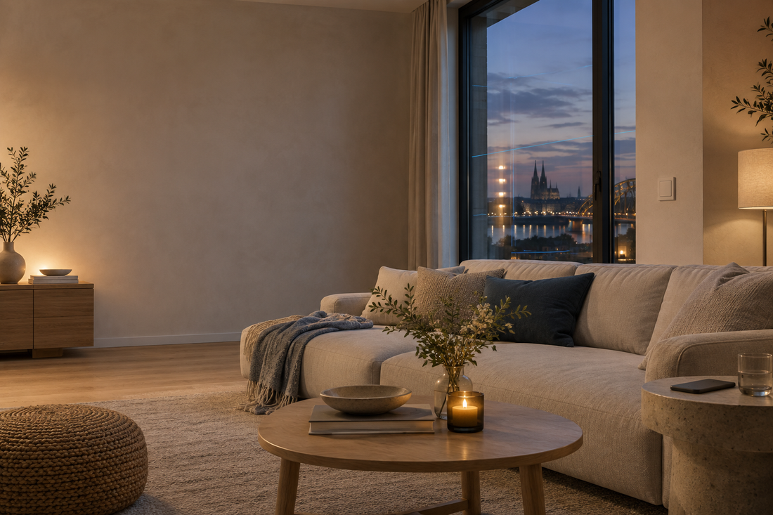 Modernes Wohnzimmer am Abend mit dezenten blauen Verbindungslinien